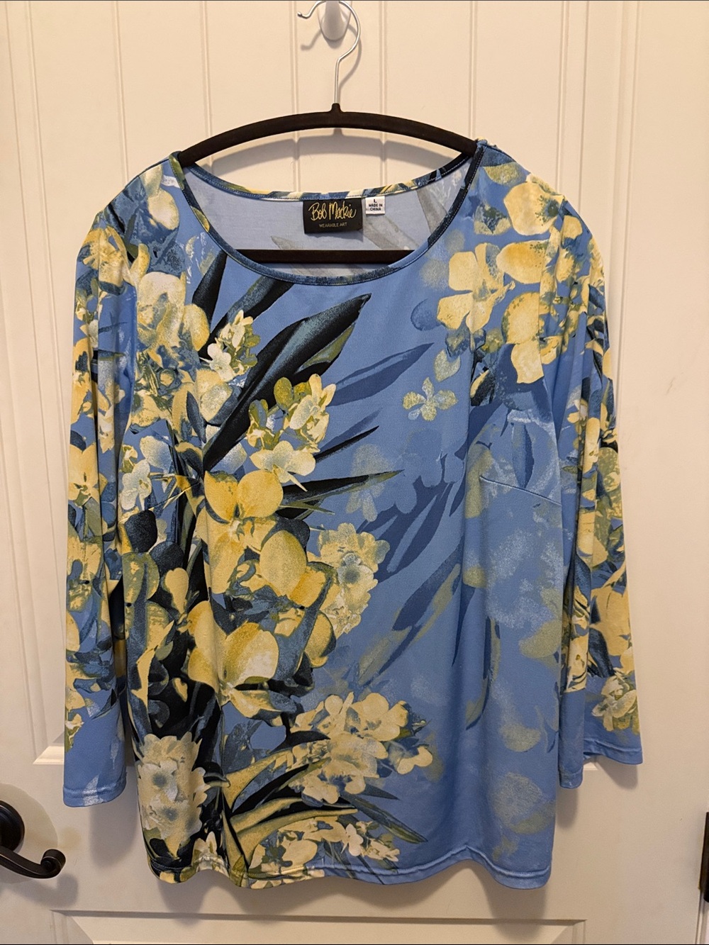Bob Mackie Blue & Yellow Floral Long Sleeve Top